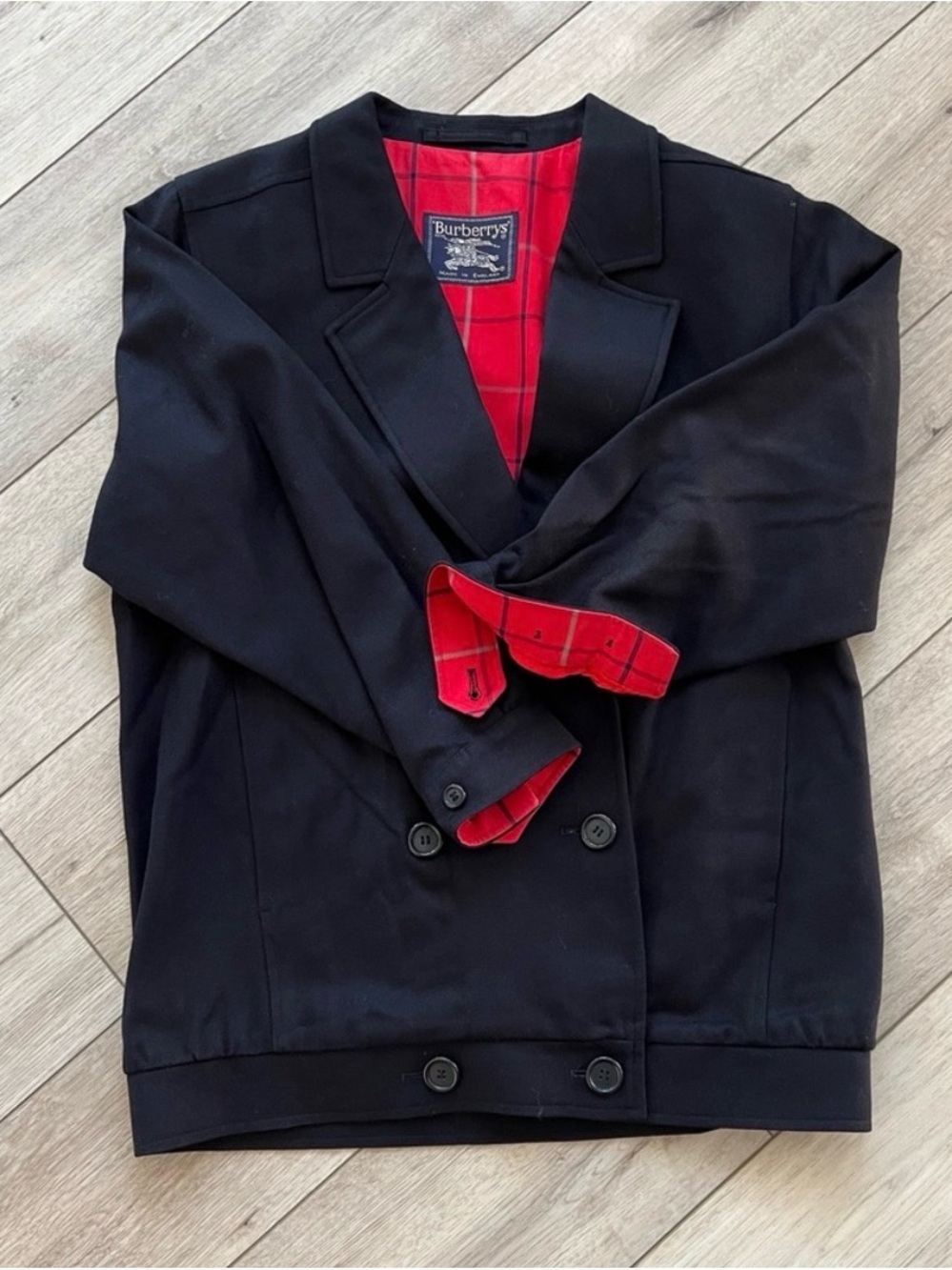 BURBERRY Black Double-Breasted Wool Blazer with Red Plaid Lining - Picture 2 of 14